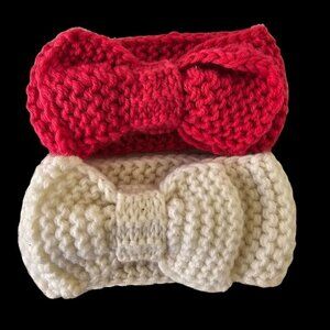 2 Hand-Knit Wide Bow Headbands Baby Girl White Hot Pink